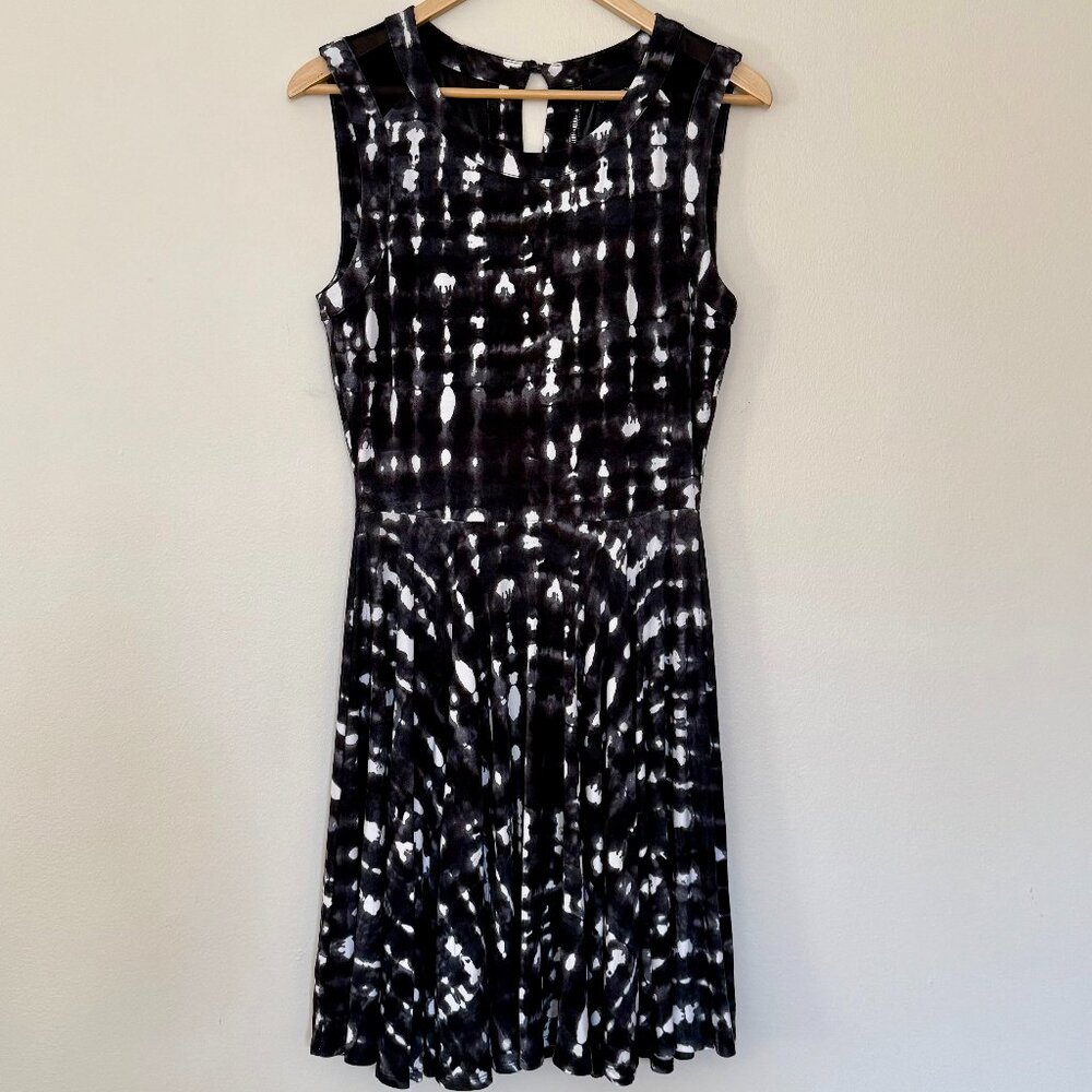 Cynthia Rowley dress with black and white tie dye print and mesh back detail